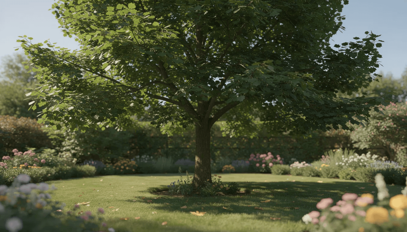 Na obrazie widoczne jest dorosłe drzewo lipy, o szerokiej, owalnej koronie, które zapewnia cień w letnim ogrodzie. Liście lipy drobnolistnej mają ciemnozielony kolor, a wśród gałęzi widać pachnące kwiaty, które przyciągają pszczoły.