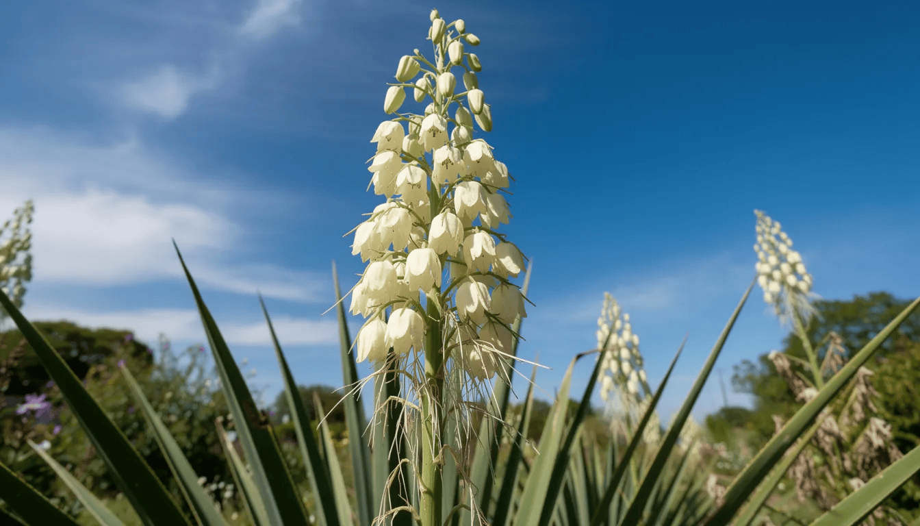 Na zdjęciu znajduje się kwitnąca juka ogrodowa z wysokim białym kwiatostanem, otoczona zielonymi, mieczowatymi liśćmi, na tle błękitnego nieba. Roślina ta, znana z egzotycznego wyglądu, doskonale nadaje się do dekoracji ogrodów w polskich warunkach.