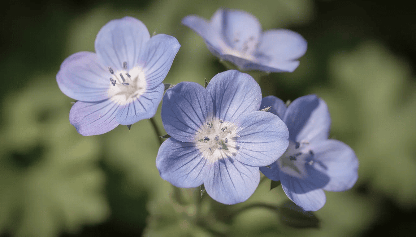 Zbliżenie na pięciopłatkowe kwiaty bodziszka w odcieniach niebieskim i fioletowym, otoczone ciemnozielonymi liśćmi, tworzy malowniczy widok, który zachwyca różnorodnością kolorów i kształtów. Te rośliny, należące do rodziny bodziszkowatych, często spotykane są w ogrodach jako rośliny ozdobne.