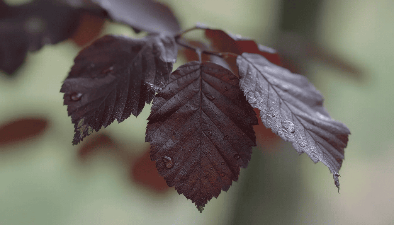Na zdjęciu widoczne są ciemnoczerwone liście buka zwyczajnego odmiany purpurowej, które pięknie przebarwiają się jesienią. Liście mają błyszczący wygląd, a ich intensywna barwa kontrastuje z tłem, tworząc malowniczy krajobraz.