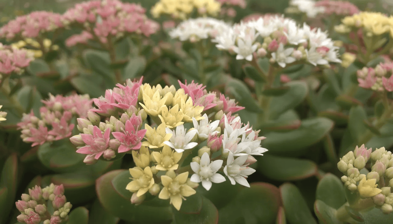 Na obrazku znajdują się kolorowe kwiaty rozchodnika w odcieniach różu, żółci i bieli, otoczone mięsistymi, zielonymi liśćmi. Kwiaty te tworzą dekoracyjny wygląd, idealny do ogrodów skalnych i słonecznych rabat.