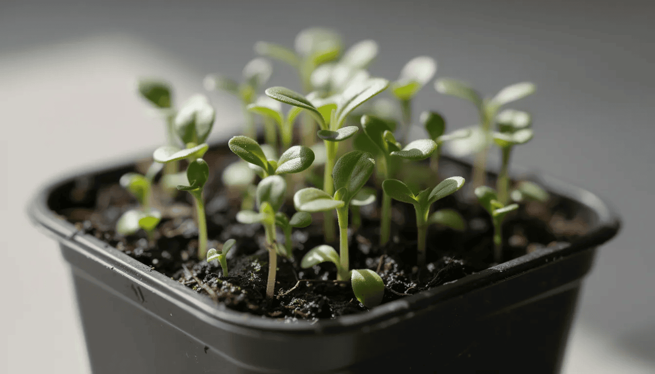 Na obrazku widać młode siewki smagliczki nadmorskiej w doniczce wysiewowej, tworzące gęste kępy z delikatnymi, lancetowatymi liśćmi. Roślina ta, znana z białych kwiatów, idealnie nadaje się do ogrodów skalnych oraz rabat, przyciągając owady zapylające, takie jak pszczoły.