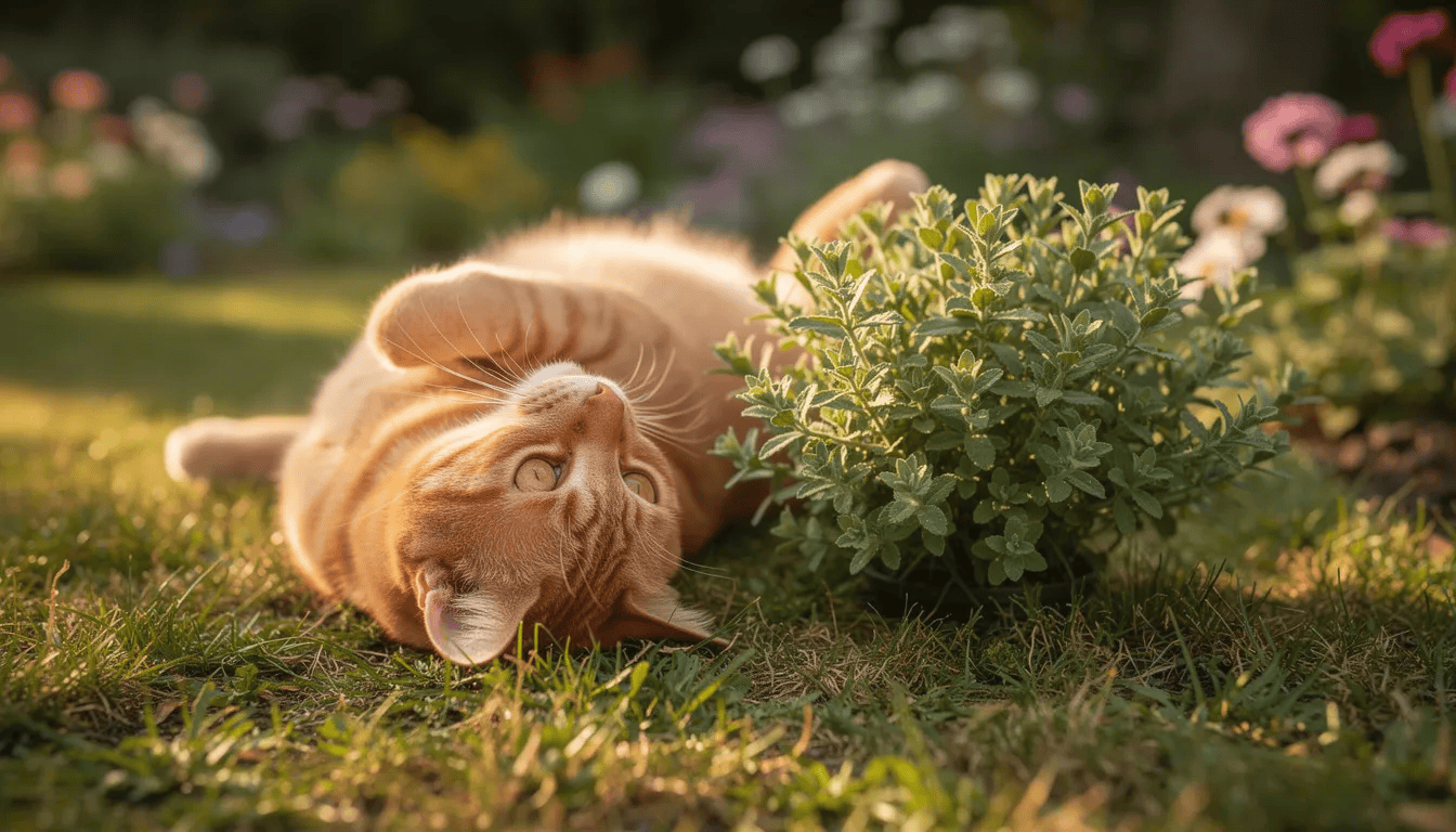 Rudy kot turlający się w słonecznym ogrodzie przy gęstej kępie kocimiętki, która wabi go swoim intensywnym zapachem. W tle widać drobne kwiaty kocimiętki, co tworzy przyjemny, kolorowy widok.