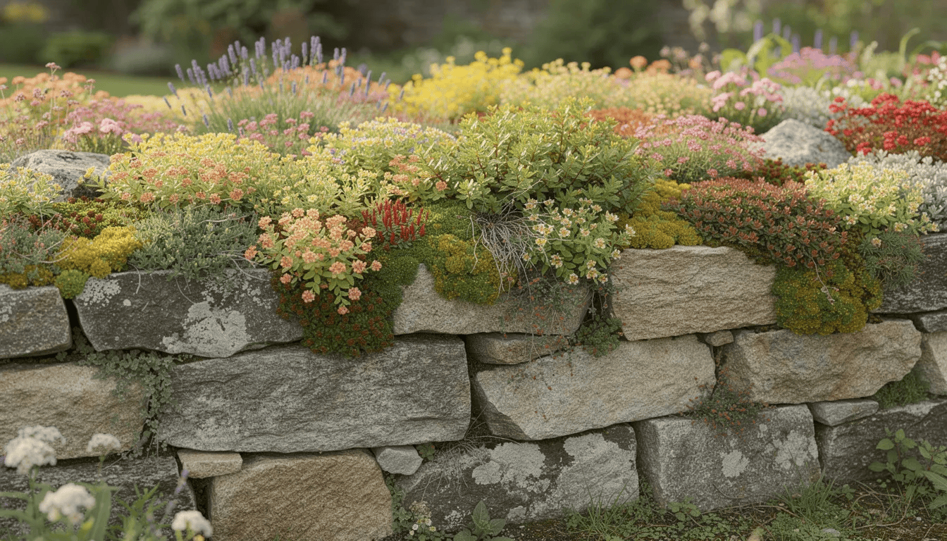 Na zdjęciu widoczny jest kamienny murek porośnięty różnorodnymi roślinami skalnymi, tworzącymi kolorowy dywan. Rośliny te, w tym dekoracyjne byliny, doskonale radzą sobie w ogrodach skalnych, preferując stanowiska słoneczne oraz przepuszczalne podłoże.