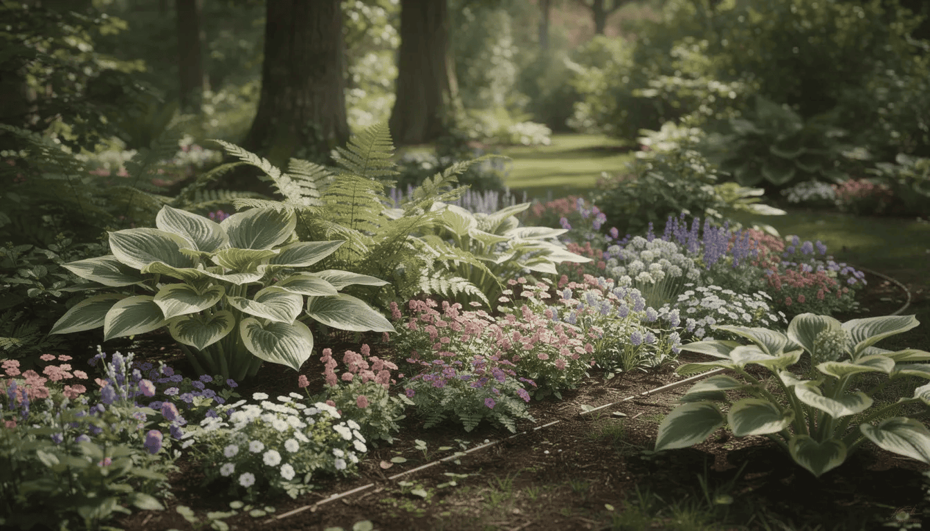 W cienistym ogrodzie rosną kompozycje bylin, w tym funkie i paprocie, otoczone kolorowymi roślinami okrywowymi, takimi jak miodunka plamista z jej dekoracyjnymi liśćmi i dzwonkowatymi kwiatami. Młode rośliny miodunki, osiągające wysokość do 30 cm, zdobią przestrzeń, tworząc harmonijną całość z innymi roślinami w tym urokliwym zakątku.