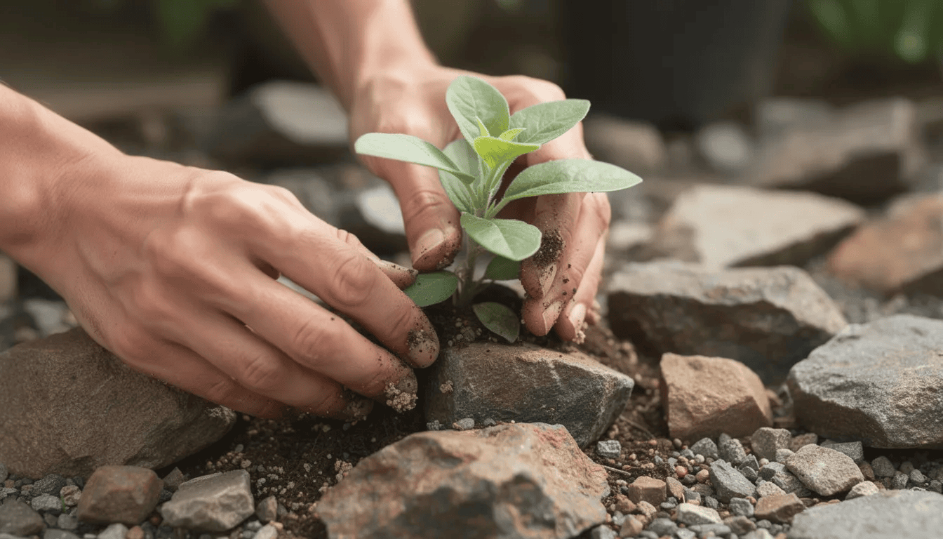 Na zdjęciu widoczne są dłonie sadzące młodą roślinę, prawdopodobnie żagwinu ogrodowego, w kamienistym podłożu skalniaka. Roślina ta charakteryzuje się dużymi, ciemnoczerwonymi kwiatami i dobrze rośnie w umiarkowanie wilgotnych, przepuszczalnych glebach, idealnych do ogrodów skalnych.