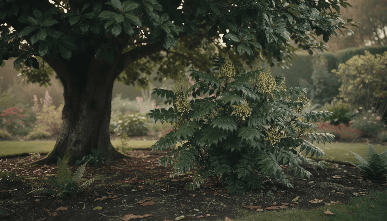 W zacienionym zakątku ogrodu rośnie mahonia pospolita, z jej błyszczącymi, ciemnozielonymi liśćmi oraz intensywnie żółtymi kwiatami, które przyciągają owady zapylające. W tle widoczna jest korona drzewa, co dodaje uroku temu zimozielonemu krzewowi.