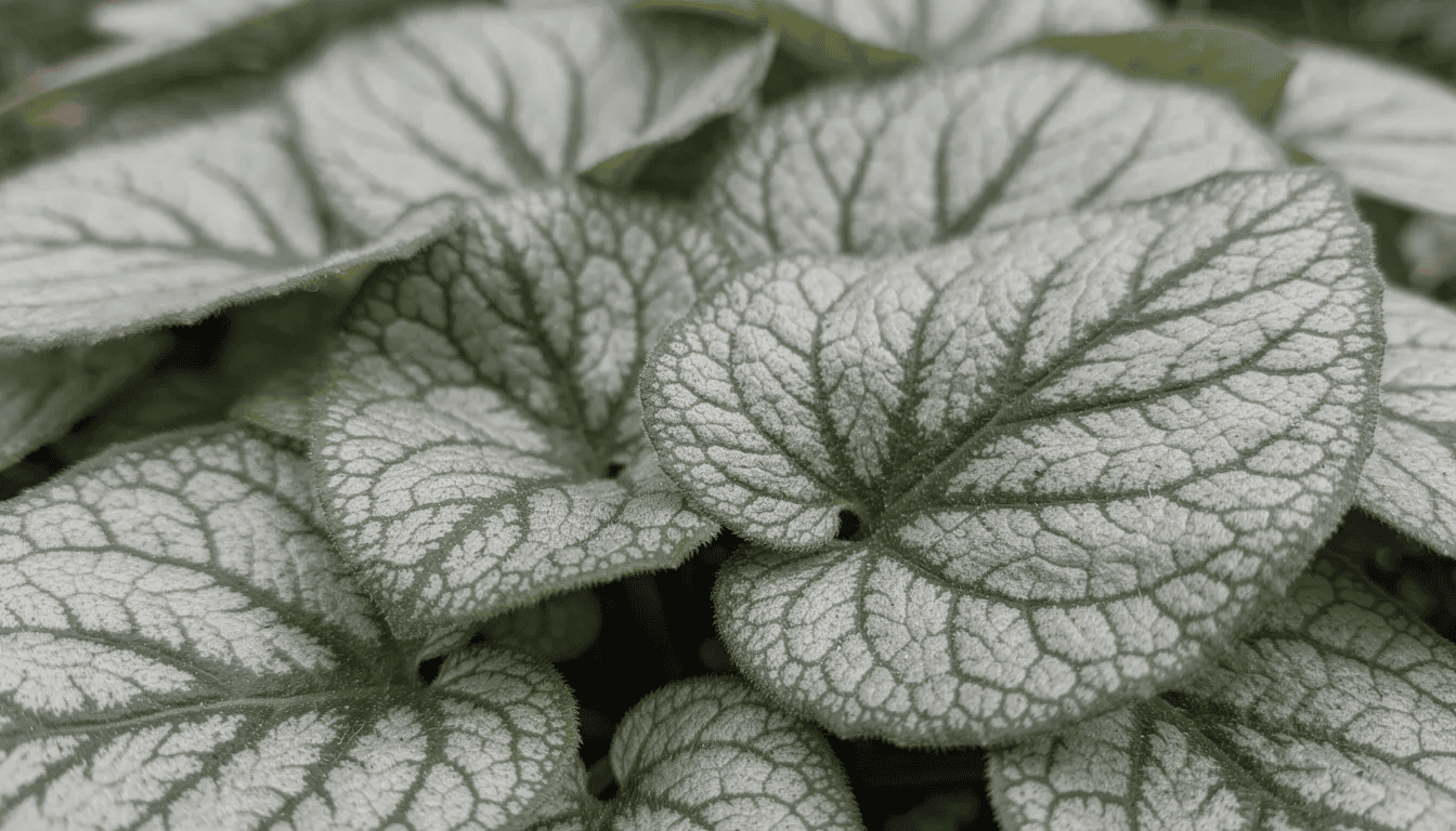 Na zbliżeniu widoczne są srebrzyste liście brunery odmiany Jack Frost, które mają charakterystyczne zielone żyłki. Liście te, w kształcie serca, tworzą efektowną ozdobę w cienistych zakątkach ogrodu.
