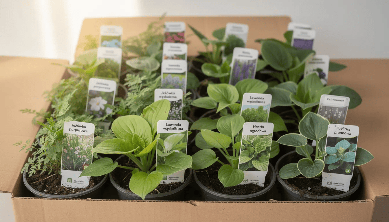 Na zdjęciu widoczne są młode sadzonki bylin w doniczkach, starannie przygotowane do wysyłki, z etykietami wskazującymi odmiany kłosowców. Rośliny te charakteryzują się zwartymi kępami i są idealnym dodatkiem do ogrodów naturalistycznych oraz rabat bylinowych, przyciągając owady zapylające swoimi fioletowymi kwiatami.