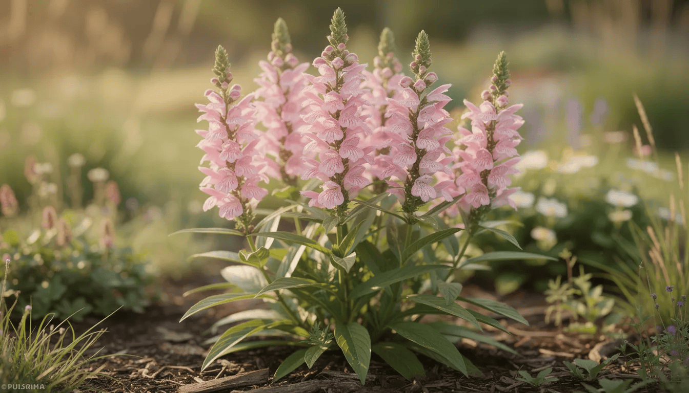 Na obrazie widoczna jest kwitnąca odętka wirginijska z jasnoróżowymi kwiatami, rosnąca w ogrodzie naturalistycznym. Roślina ta, z gęstymi kępami i lancetowatymi liśćmi, idealnie sprawdza się w stanowiskach słonecznych oraz wilgotnej glebie, przyciągając owady zapylające.