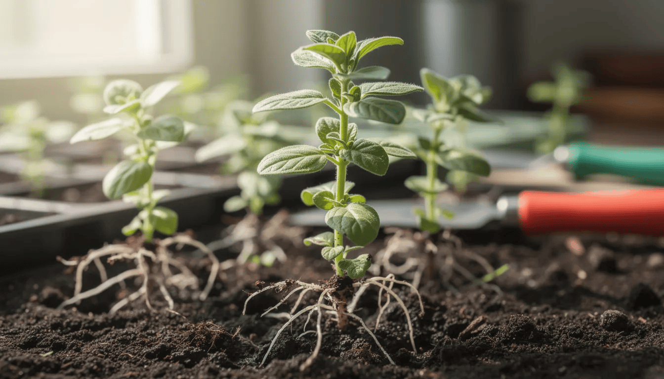 Na zdjęciu znajdują się młode sadzonki oregano, czyli lebiodki pospolitej, z widocznymi zdrowymi korzeniami oraz pierwszymi parami szarozielonych liści. Rośliny te są gotowe do przesadzenia i charakteryzują się intensywnym aromatem, co czyni je doskonałym składnikiem w kuchni włoskiej i śródziemnomorskiej.
