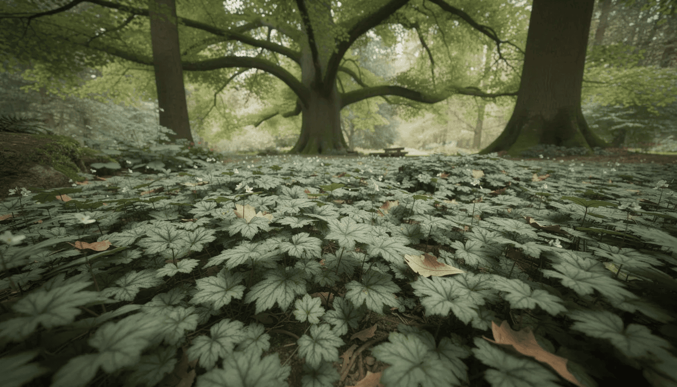 Gęsty kobierzec liści tiarelli pokrywa wilgotną glebę w cienistym ogrodzie, tworząc rozłożystą kępę zielonych liści pod koronami drzew. Wśród nich pojawiają się białe kwiaty, które dodają uroku cienistym zakątkom ogrodu.