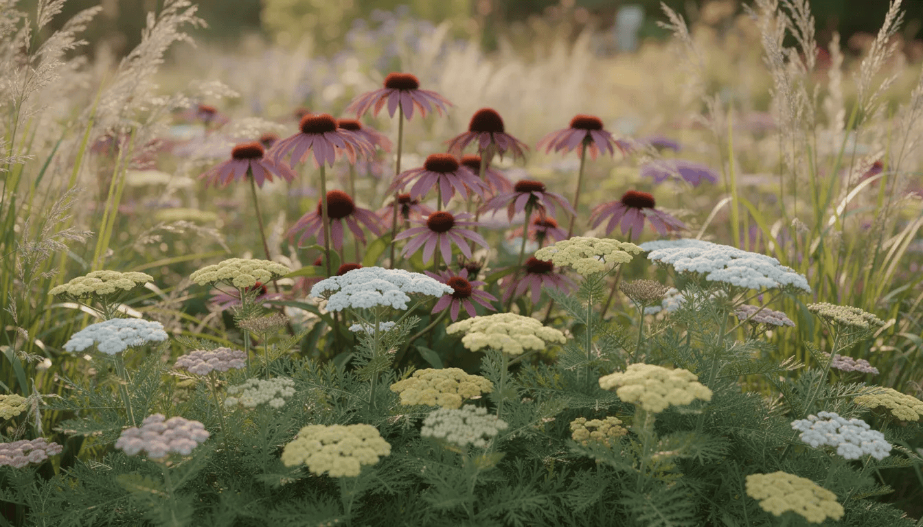 Na preriowej rabacie rosną krwawniki w różnych odcieniach, w tym białe i czerwone kwiaty, obok jeżówek oraz ozdobnych traw. Rośliny te, takie jak krwawnik pospolity, to wieloletnie byliny, które doskonale znoszą suszę i są często stosowane w ziołolecznictwie.