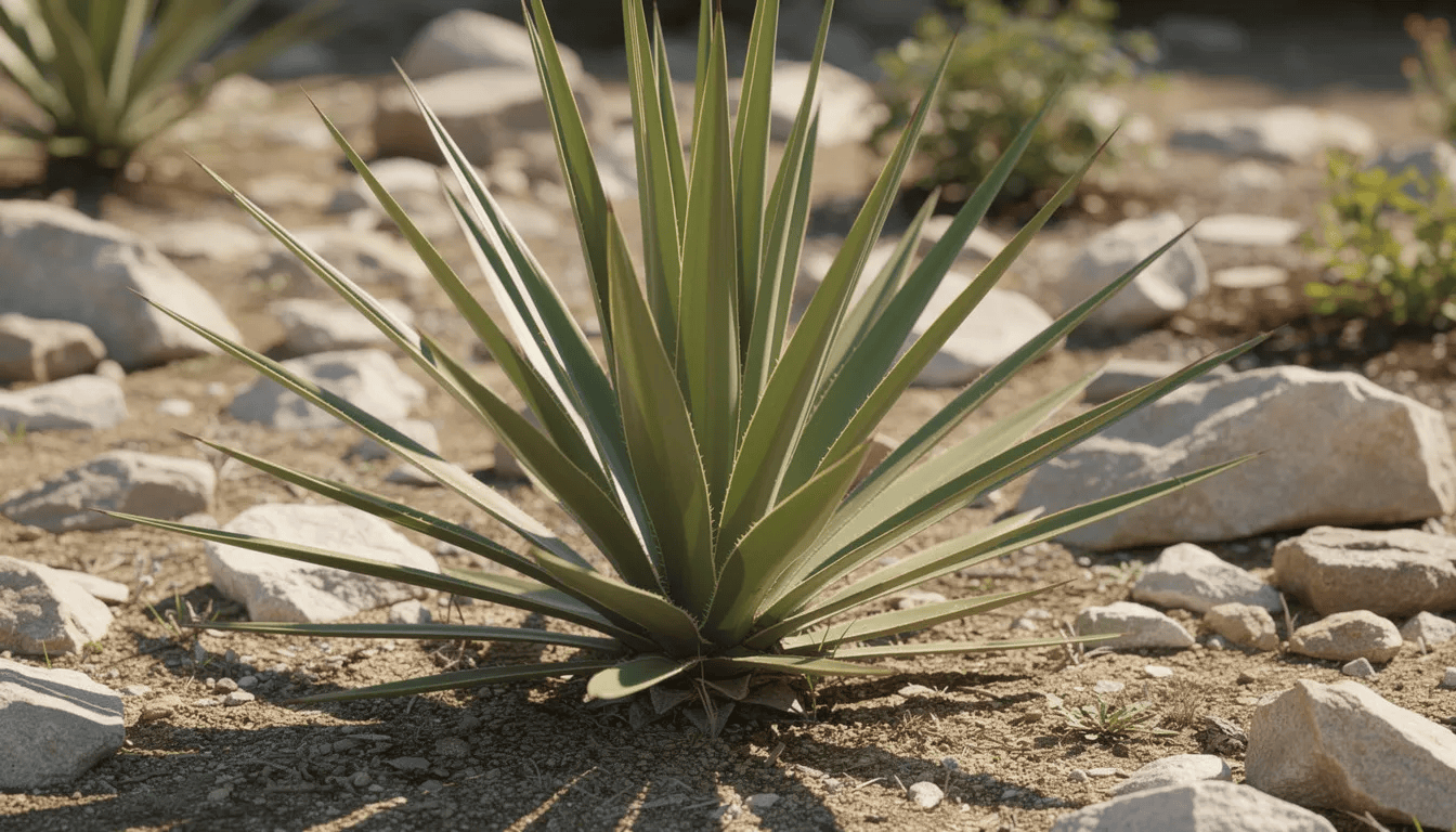 Na obrazku widoczna jest dorodna juka ogrodowa z sztywnymi, ostro zakończonymi liśćmi, rosnąca w słonecznym ogrodzie na tle kamienistego podłoża. Roślina ta, charakteryzująca się egzotycznym wyglądem, doskonale nadaje się do dekoracji ogrodów w polskich warunkach.