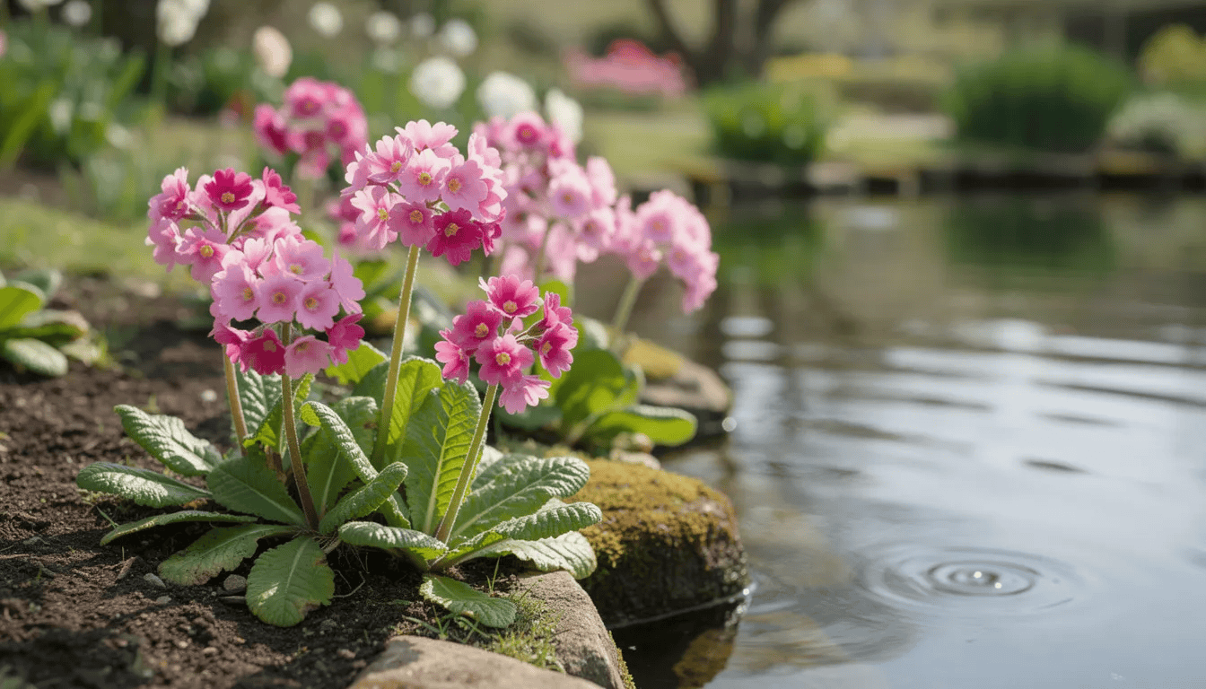 Na brzegu oczka wodnego kwitną japońskie pierwiosnki, prezentując delikatne, żółte kwiaty, które obficie zdobią otoczenie wczesną wiosną. Rośliny te rosną w lekko wilgotnym podłożu, tworząc atrakcyjny widok w ogrodzie.