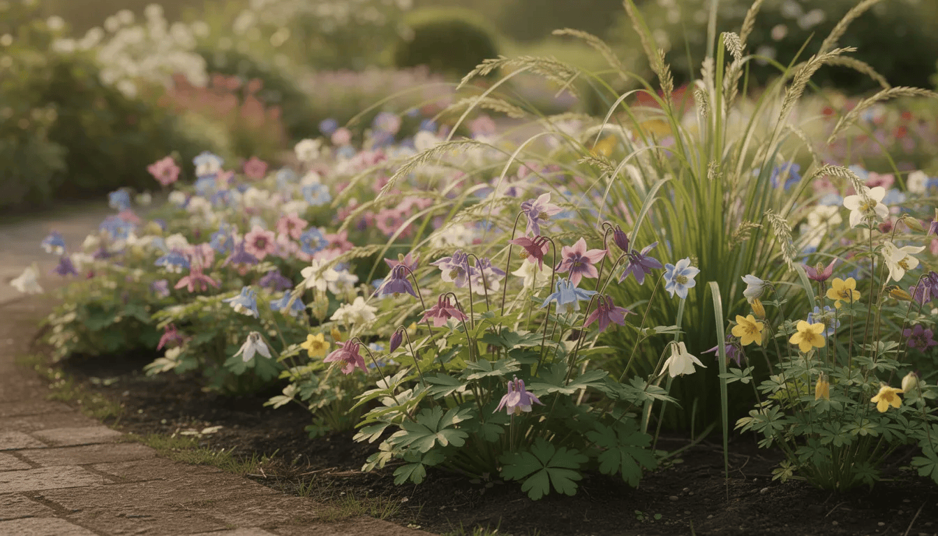 Na rabacie bylinowej znajdują się kolorowe orliki, w tym orlik ogrodowy oraz orlik błękitny, otoczone ozdobnymi trawami. Kwiaty orlików, zwisające na długich szypułkach, tworzą malowniczy widok, który przyciąga trzmiele i inne owady zapylające.