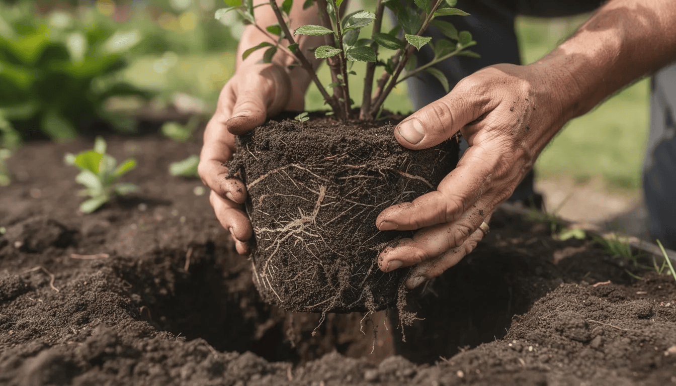 Na zdjęciu widoczne są ręce ogrodnika, które starannie sadzą krzew ozdobny, najprawdopodobniej lilak pospolity, z dobrze widoczną bryłą korzeniową. Krzew ten, znany z obfitego kwitnienia fioletowych kwiatów, najlepiej rośnie w słonecznych miejscach i wymaga regularnego przycinania dla zachowania zdrowej kondycji.