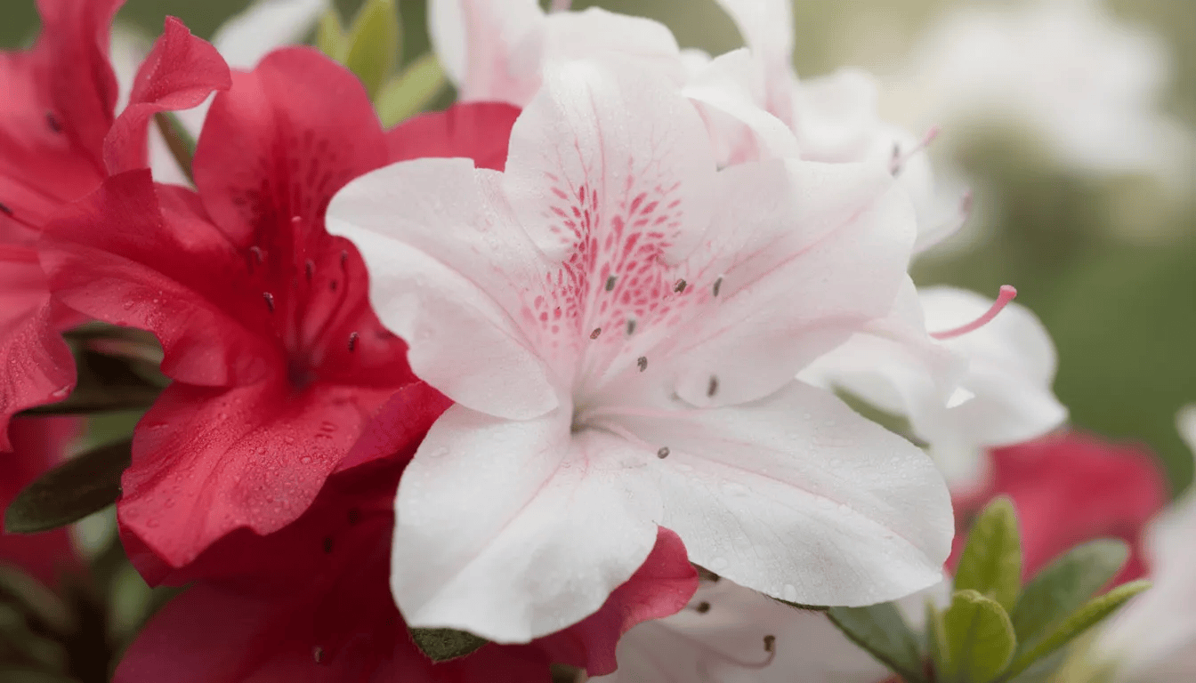 Zbliżenie na piękne kwiaty azalii ogrodowej w odcieniach różu, czerwieni i bieli, które kwitną w wiosennym słońcu. Kwiaty te, należące do rodziny wrzosowatych, tworzą efektowny ozdobny krzew, idealny do ogrodu.