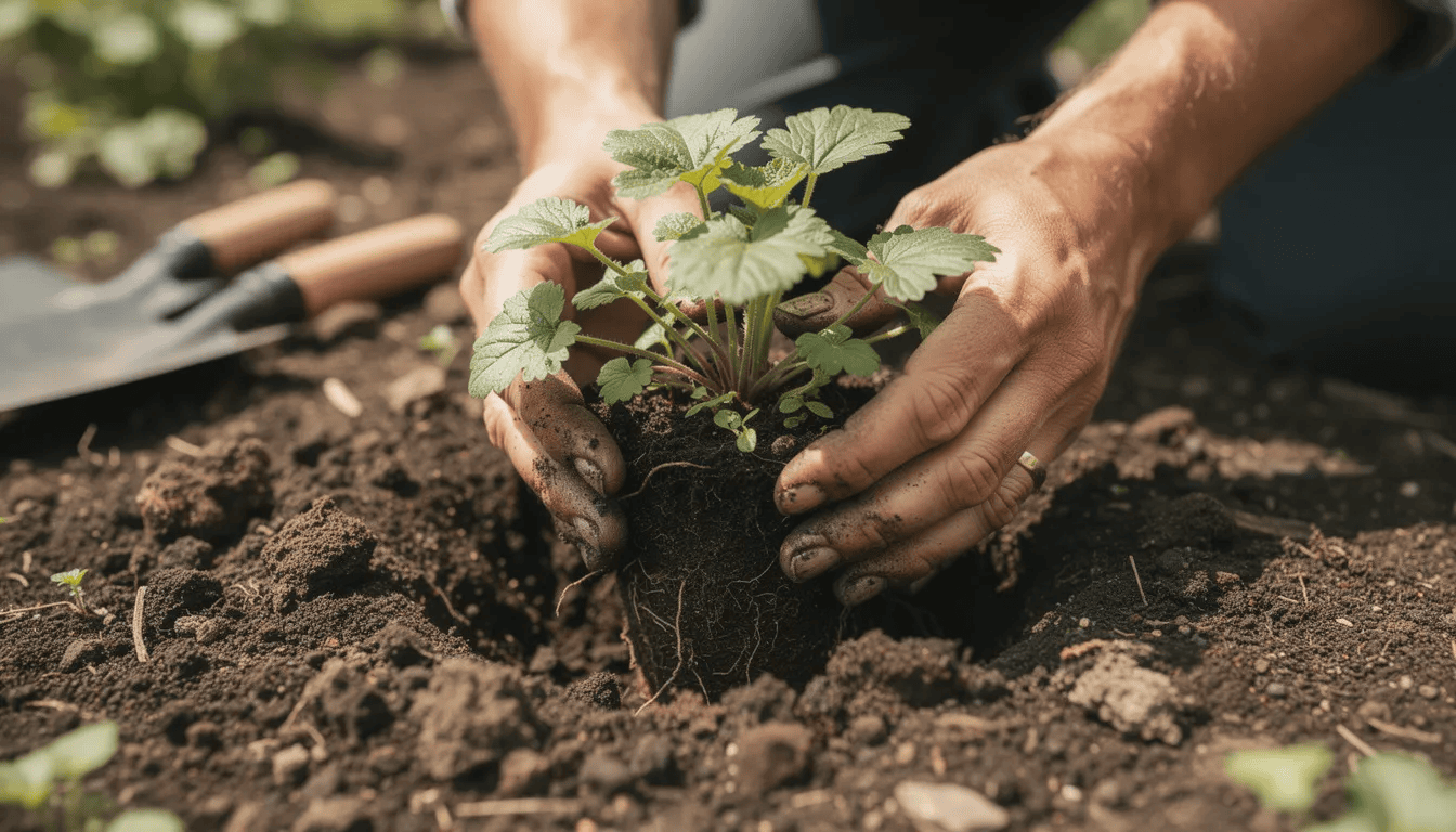 Na zdjęciu widoczne są ręce ogrodnika, które starannie sadzą młodą bylinę okrywową, acena drobnolistna, w przygotowanej, spulchnionej glebie. Roślina ta, znana ze swojego gęstego pokroju i dekoracyjnych liści, będzie doskonale rosła na słonecznym stanowisku, a jej liście jesienią zmieniają kolor na odcienie czerwieni.