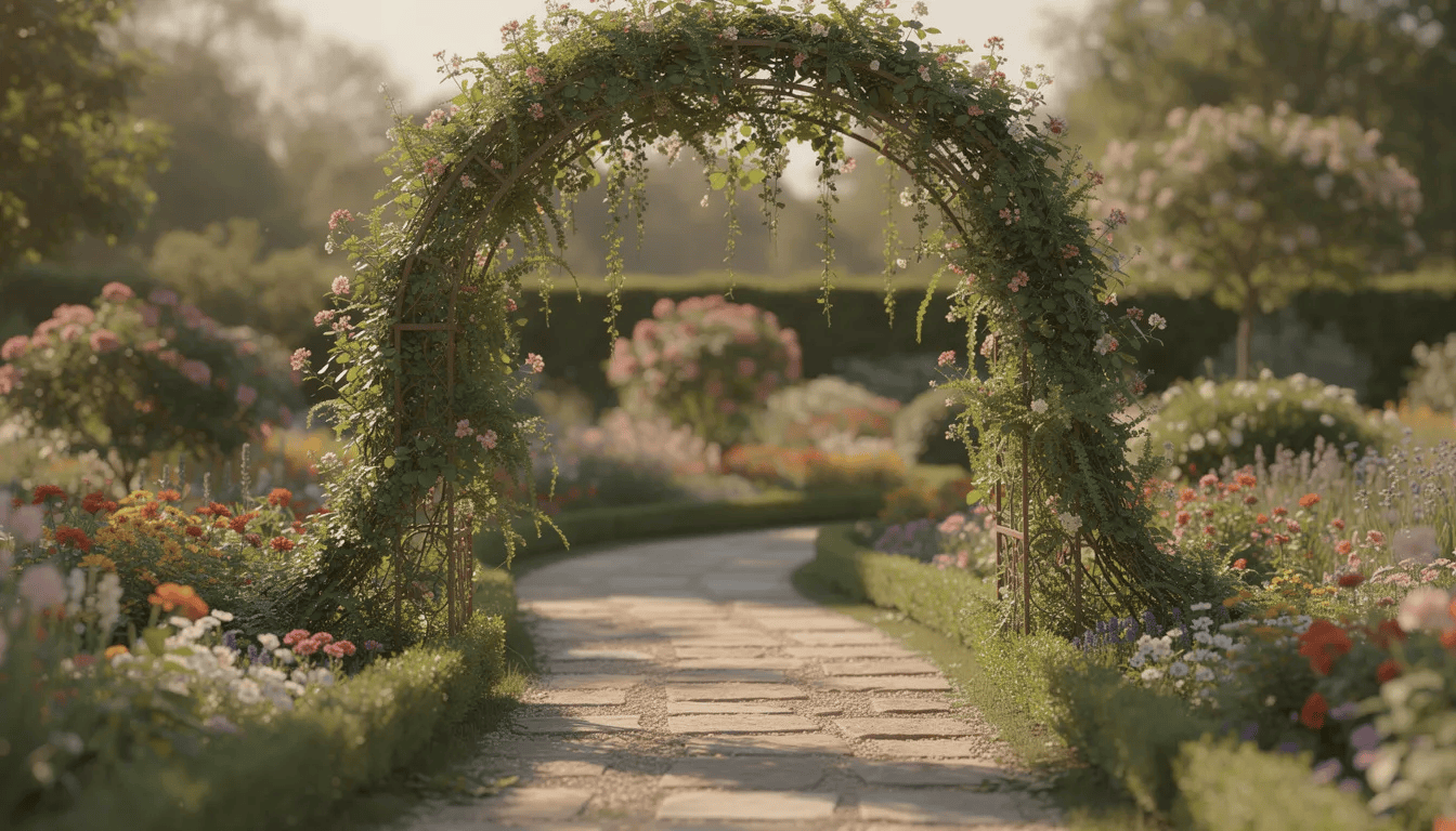 Na obrazie widoczna jest ogrodowa ścieżka, która prowadzi pod łukiem pokrytym bujnym pnączem glicynii, z długimi, groniastymi kwiatostanami w odcieniach fioletu. Kwiaty te, lekko pachnące, tworzą malowniczy widok, idealny do relaksu w ogrodzie w naszym klimacie.