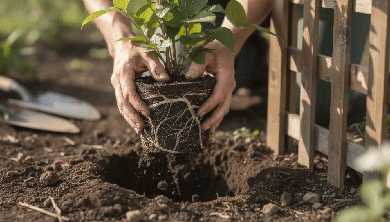 Na zdjęciu widać ręce ogrodnika sadzącego powojnik, który posiada widoczną bryłę korzeniową, obok drewnianej kraty. Powojnik, znany z obfitego kwitnienia, idealnie nadaje się do różnych konstrukcji ogrodowych i dobrze rośnie w słonecznych stanowiskach.