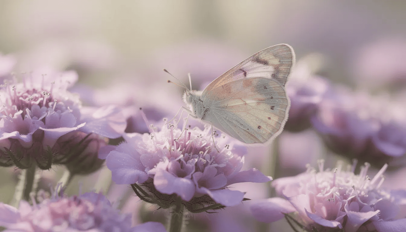 Zbliżenie na delikatne, poduszkowate kwiaty świerzbnicy w odcieniach fioletu i różu, na których siedzi motyl. Kwiaty te przyciągają owady zapylające, tworząc piękny widok w ogrodzie lub na łąkach kwietnych.