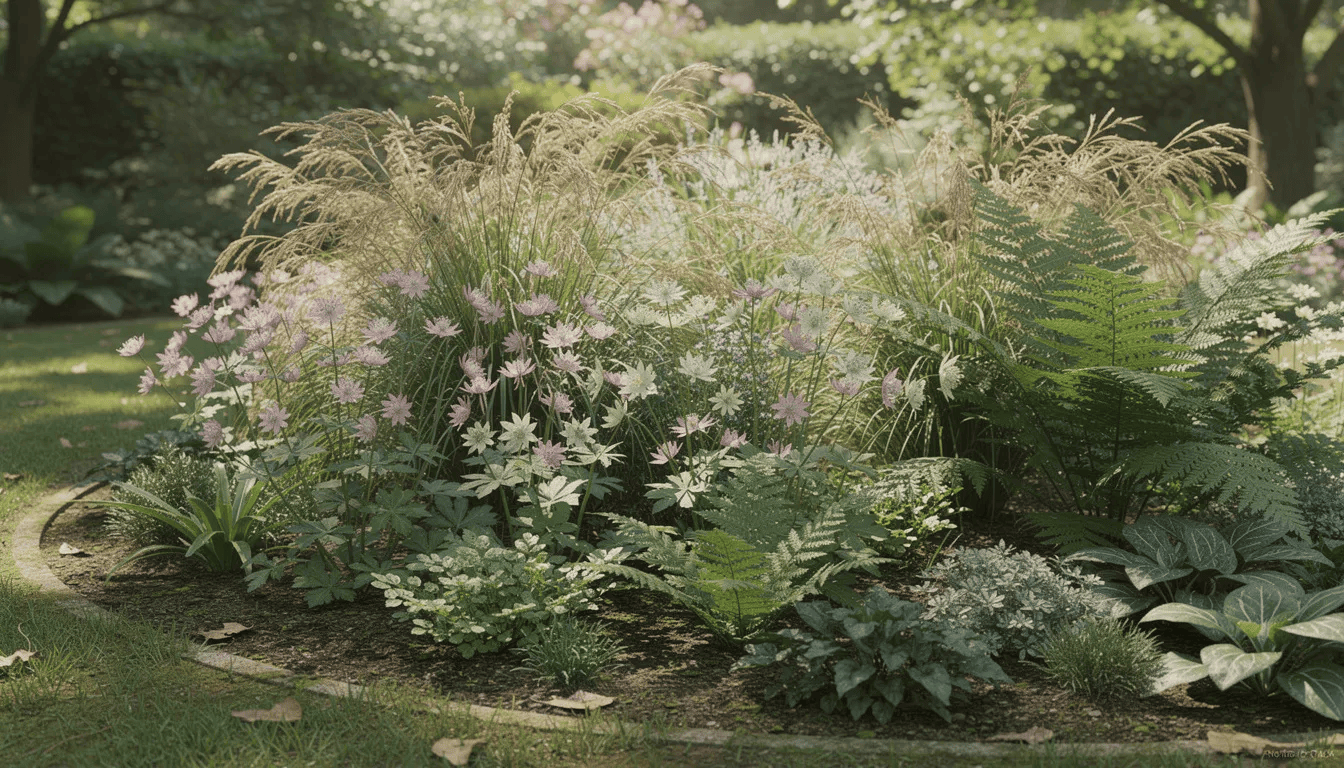Na rabacie bylinowej widoczne są zwarte kępy jarzmianki większej z jej czerwonymi kwiatami, otoczone ozdobnymi trawami i paprociami, które rosną w półcieniu. Rośliny te tworzą estetyczną kompozycję, idealną do ogrodów naturalistycznych.