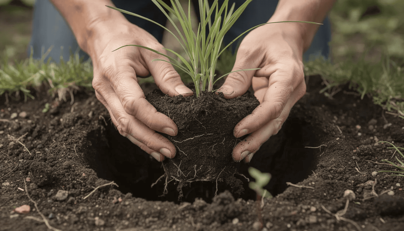 Na zdjęciu widać ręce ogrodnika, które starannie sadzą młodą roślinę trawiastą w przygotowany dół wypełniony żyzną ziemią. Roślina ta może być sadzonką trawy pampasowej, znanej z eleganckiego wyglądu oraz obfitego kwitnienia w słonecznych warunkach.