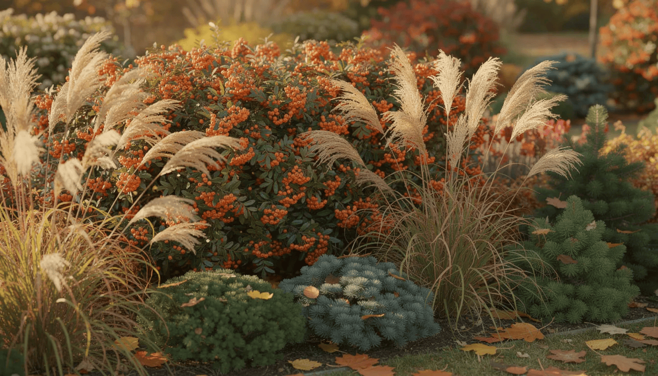 W ogrodzie widać ognik szkarłatny otoczony ozdobnymi trawami i niskimi iglakami, które przybierają jesienne barwy. Ognik, z intensywnie zielonymi liśćmi, jest obficie obciążony pomarańczowymi owocami, co nadaje mu wyjątkowy urok w późnej jesieni.