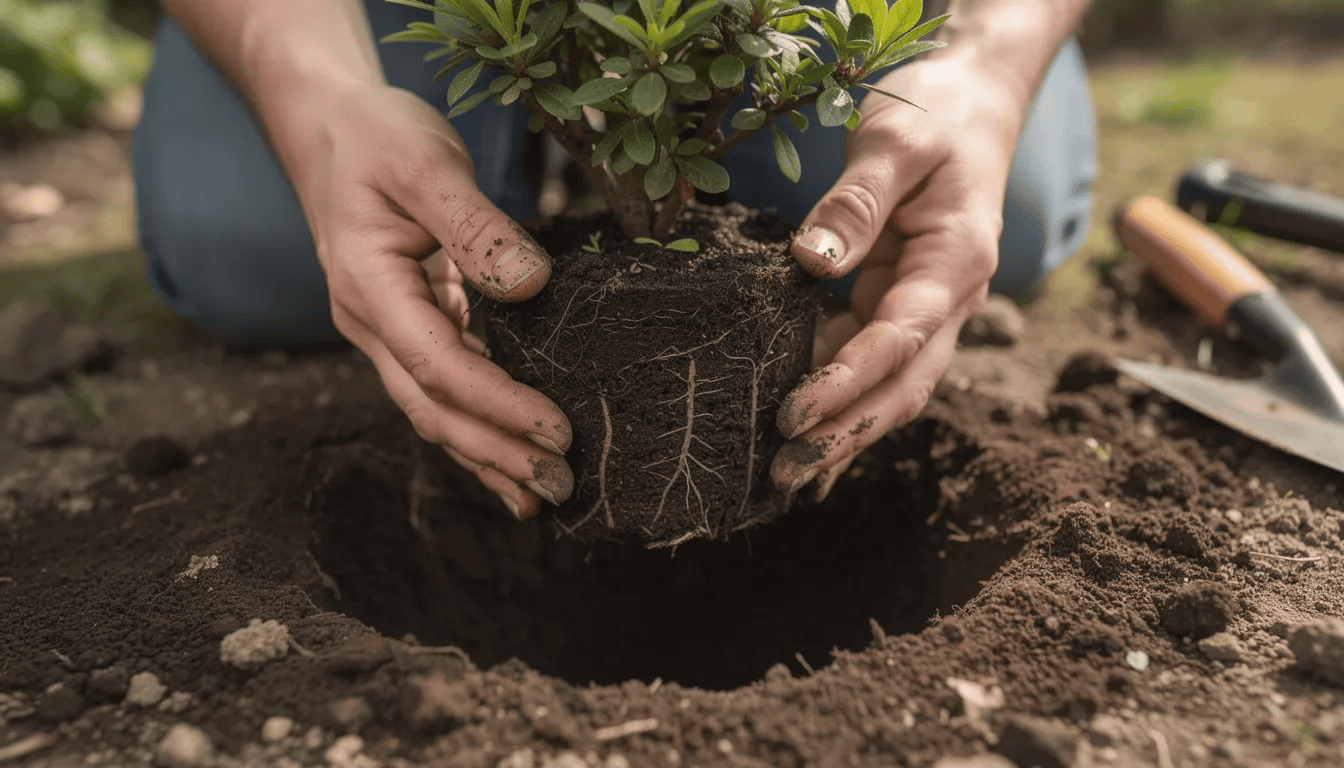 Na zdjęciu widoczne są ręce ogrodnika, które sadzą krzew azalii w przygotowanym dołku, z wyraźnie widoczną bryłą korzeniową. Azalia ogrodowa, piękny ozdobny krzew, wymaga odpowiednich warunków do prawidłowego wzrostu.