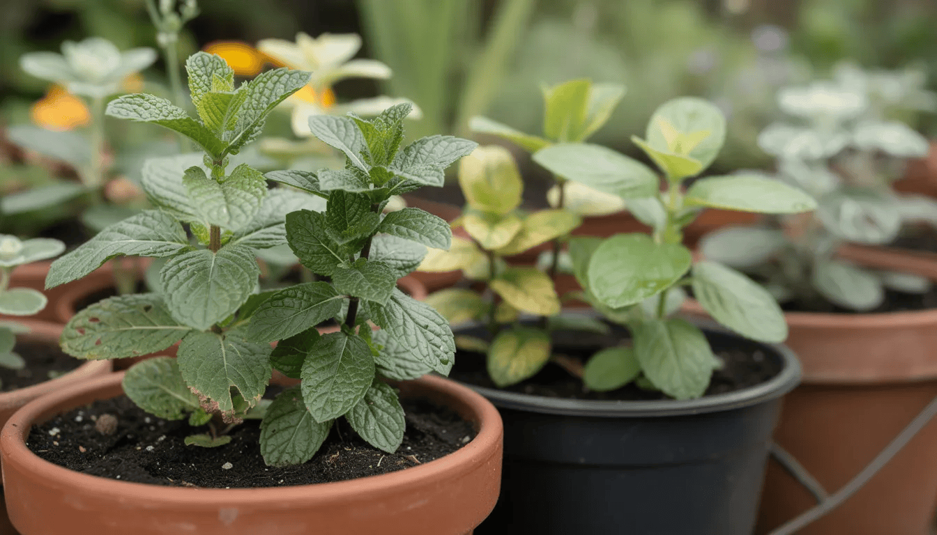 Na zdjęciu widoczne są różne odmiany mięty rosnące w ogrodowych doniczkach, takie jak mięta pieprzowa, mięta cytrynowa i mięta czekoladowa, które różnią się kształtem i kolorem liści. Liście są jasnozielone i intensywnie pachną, co czyni je popularnym dodatkiem w kuchni oraz w uprawach ziół.