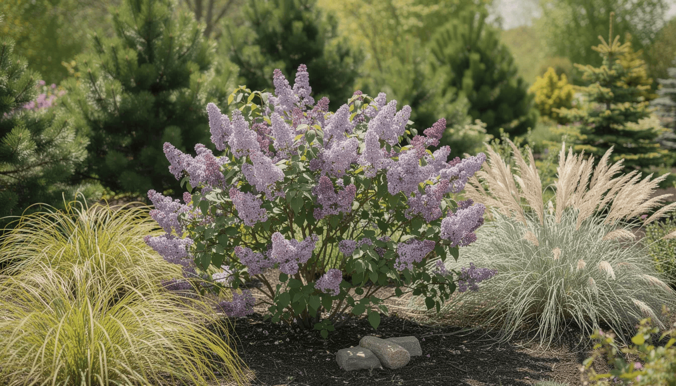 W ogrodowej kompozycji widać lilak pospolity z obfitym kwitnieniem, otoczony dekoracyjnymi trawami ozdobnymi oraz iglakami w tle. Kwiaty lilaka, w różnych kolorach, tworzą piękną, wiosenną atmosferę w ogrodzie.
