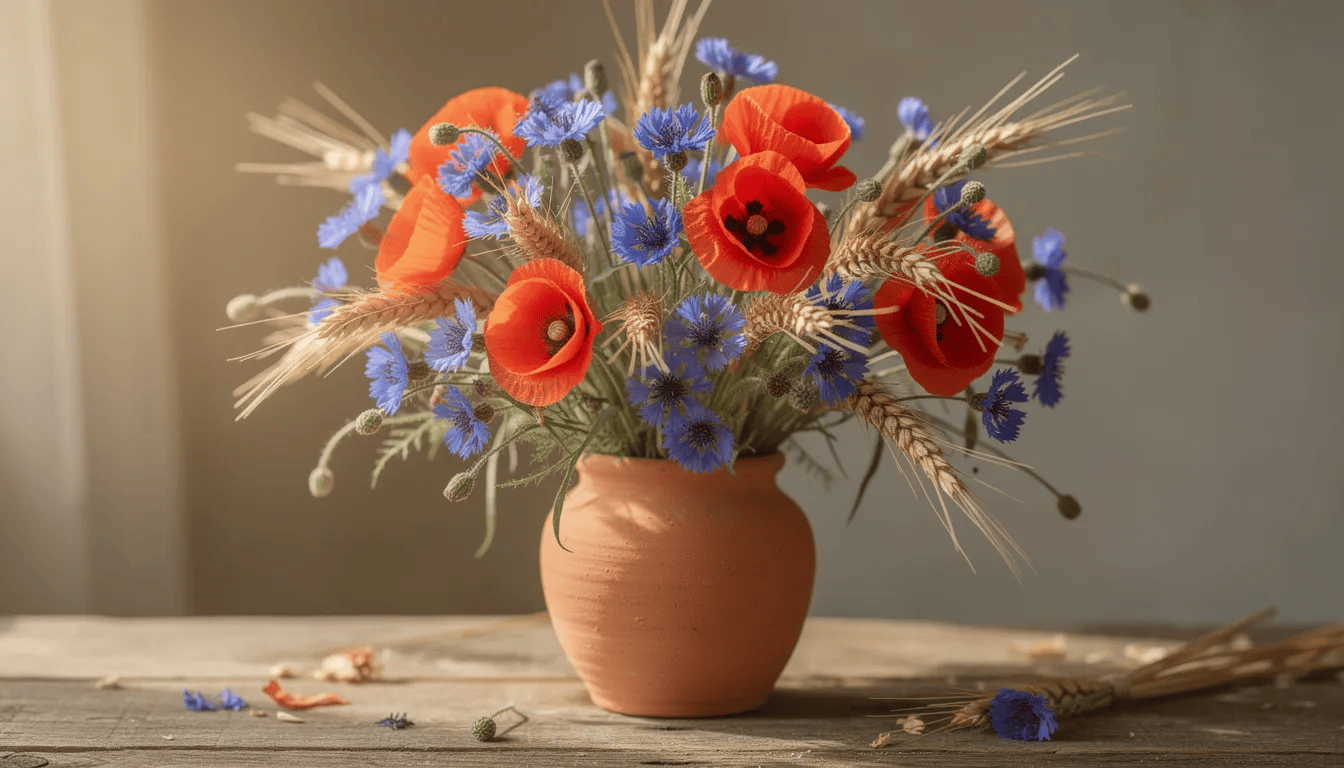 Rustykalny bukiet składający się z niebieskich chabrów bławatek, czerwonych maków oraz kłosów pszenicy, umieszczony w glinianym wazonie. Kwiaty te tworzą malowniczą kompozycję, która doskonale sprawdzi się jako dekoracja w ogrodach wiejskich.
