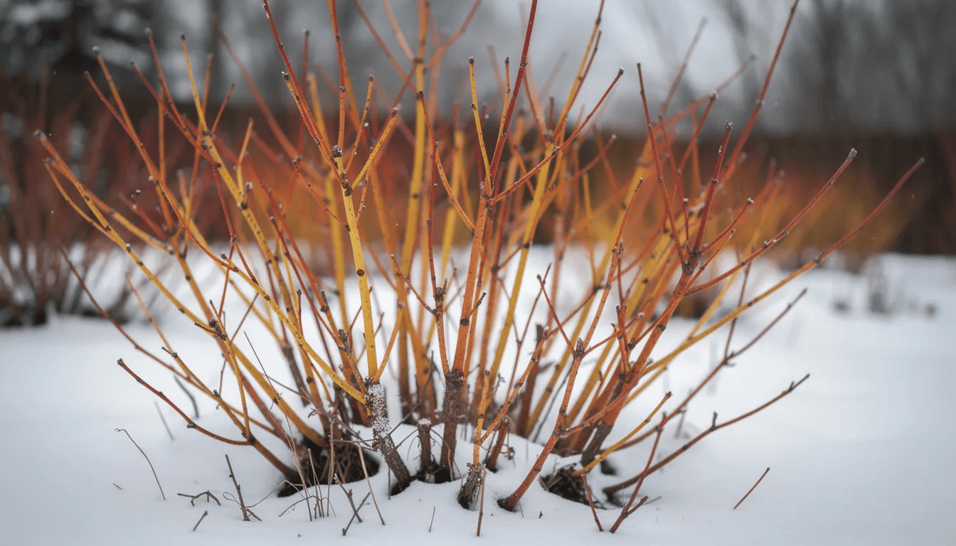 Na zdjęciu widoczne są kolorowe zimowe pędy różnych odmian derenia, w tym czerwone, żółte i pomarańczowe gałązki, które kontrastują z białym tłem śniegu. Te rozłożyste krzewy, znane z walorów dekoracyjnych, prezentują młode pędy, które mogą być doskonałym elementem każdego ogrodu.
