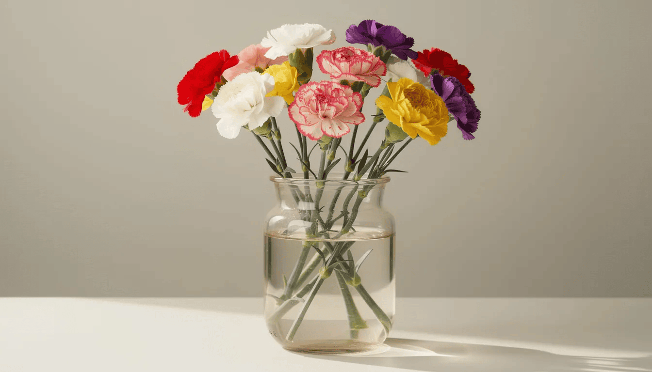 Na zdjęciu znajduje się bukiet kolorowych goździków w szklanym wazonie, wśród których można dostrzec intensywne odcienie czerwieni, różu i bieli. Kwiaty te, będące roślinami jednorocznymi i wieloletnimi, pięknie komponują się w doniczce, emanując korzennym zapachem.