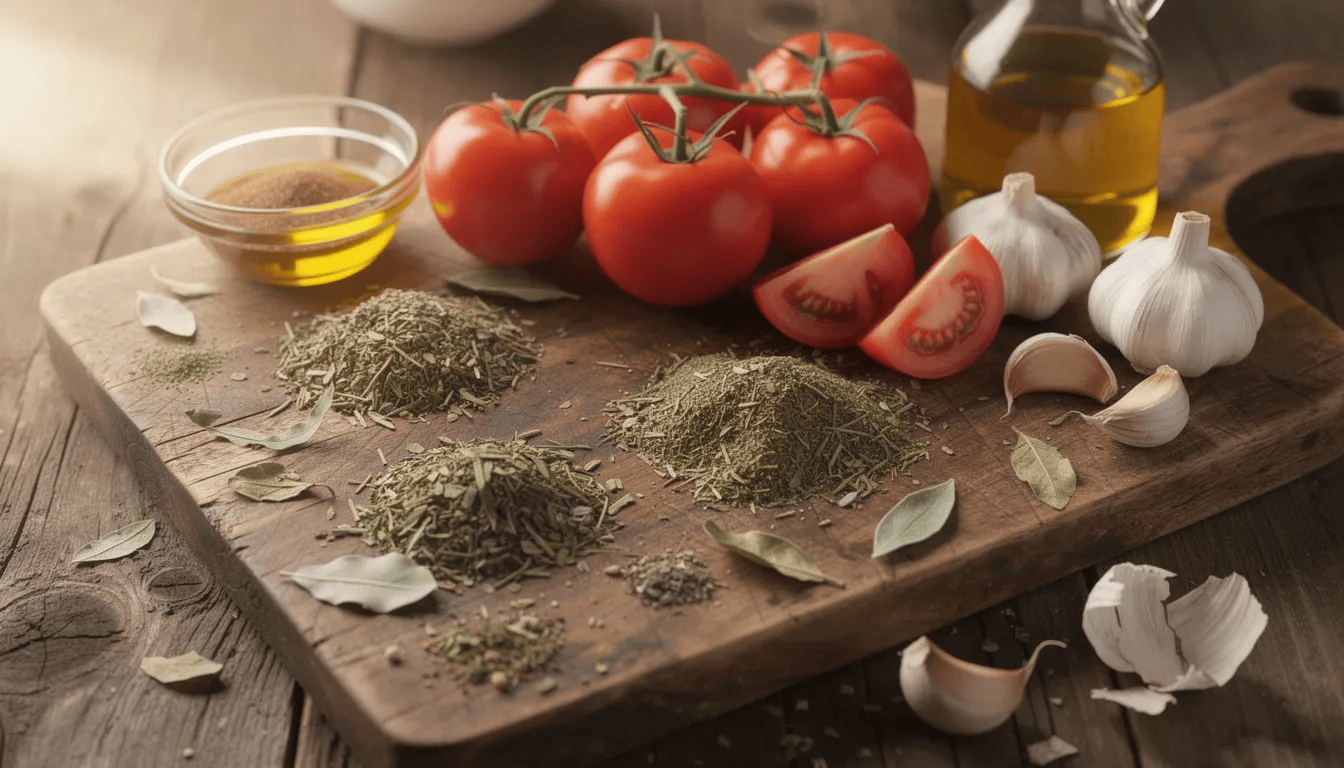 Na drewnianej desce znajduje się kompozycja suszonych ziół, w tym oregano, pomidorów, czosnku oraz oliwy, wszystko w rustykalnym stylu. Oregano, znane jako lebiodka pospolita, dodaje intensywnego aromatu i jest nieodzownym składnikiem wielu potraw.