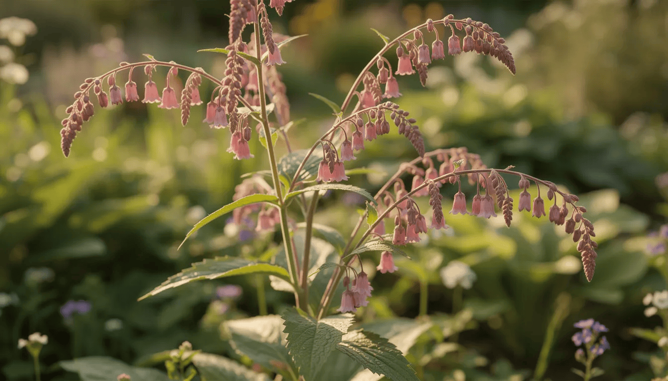 Na obrazie widoczna jest wysoka bylina, znana jako rdest auberta, z zwisającymi różowymi kwiatostanami, rosnąca w letnim ogrodzie. Roślina ta charakteryzuje się sercowatymi liśćmi i szybkim wzrostem, a jej kwitnienie przyciąga pszczoły i motyle.