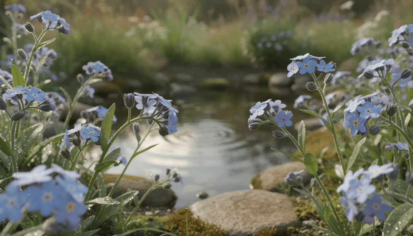 Na brzegu oczka wodnego w naturalnym ogrodzie rosną piękne niebieskie kwiaty niezapominajek, w tym niezapominajka alpejska i leśna, otoczone zielonymi liśćmi. Kwiaty te tworzą malowniczy widok, szczególnie w okresie ich kwitnienia, kiedy przyciągają wzrok swoim delikatnym urokiem.