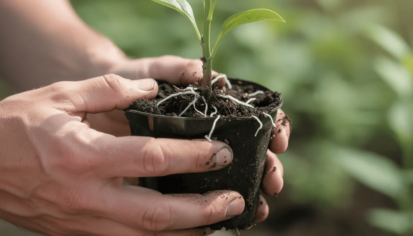 Na zdjęciu widać ręce ogrodnika delikatnie wyjmujące młodą sadzonkę dębu szypułkowego z plastikowego pojemnika, przygotowując ją do sadzenia w ogrodzie. Sadzonka ma zdrowe liście i dobrze rozwinięty system korzeniowy, co świadczy o jej dobrym wzroście.