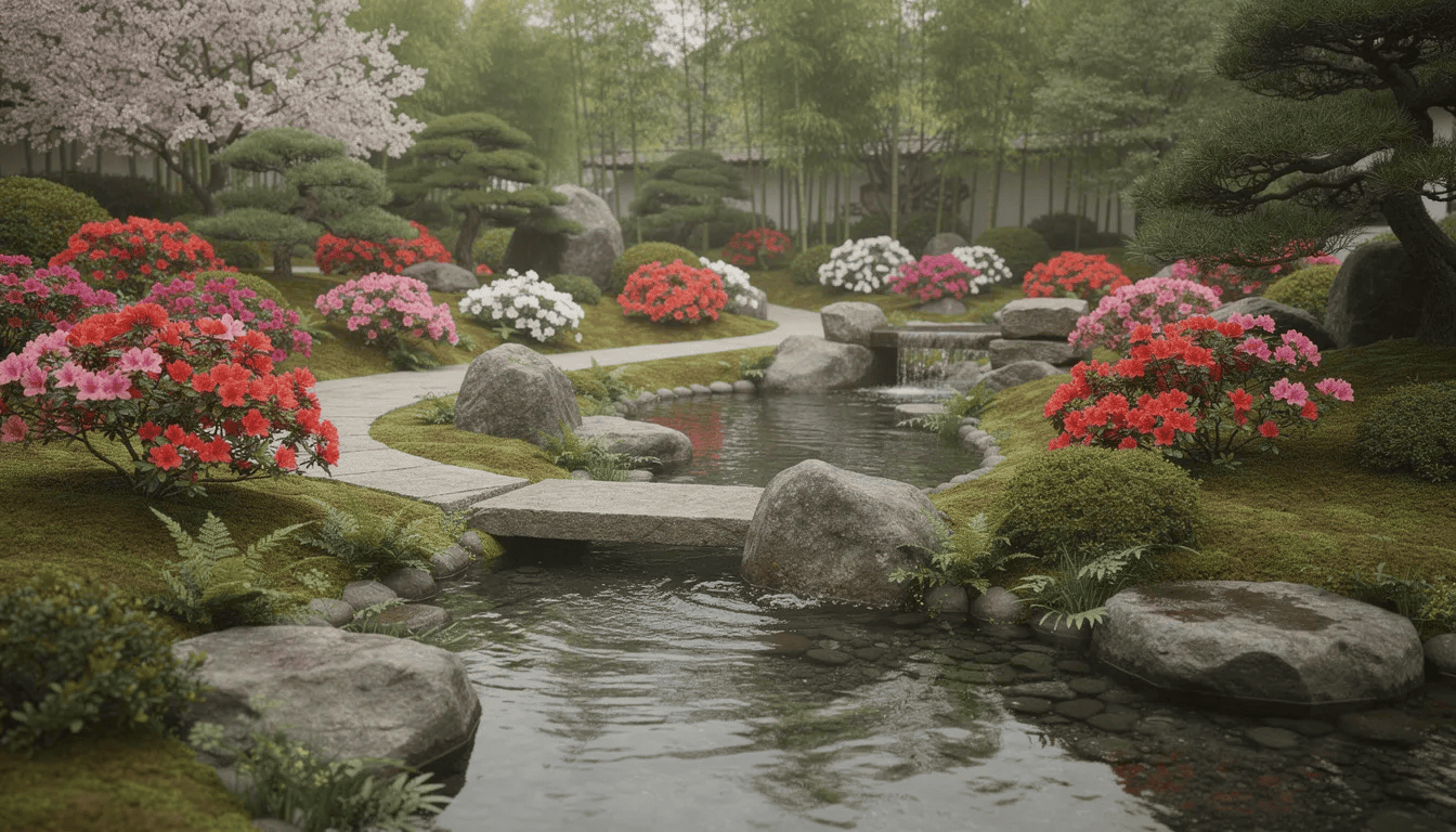 Na obrazie znajduje się piękny ogród japoński, w którym dominują azalie o ciemnoróżowych kwiatach, otoczone kamieniami oraz małym strumieniem. W tle widoczne są zimozielone krzewy, które dodają uroku całej kompozycji, a wśród nich można dostrzec młode liście i pąki kwiatowe, co wskazuje na okres wiosennego kwitnienia.