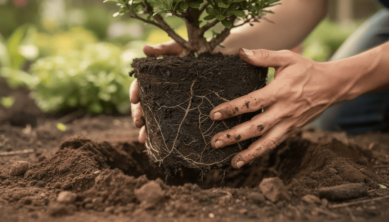 Na zdjęciu widoczny jest ogrodnik sadzący krzew z wyraźnie widoczną bryłą korzeniową. W tle można dostrzec młode rośliny, w tym różaneczniki, które w przyszłości będą kwitły pięknymi, ciemnoróżowymi kwiatami.