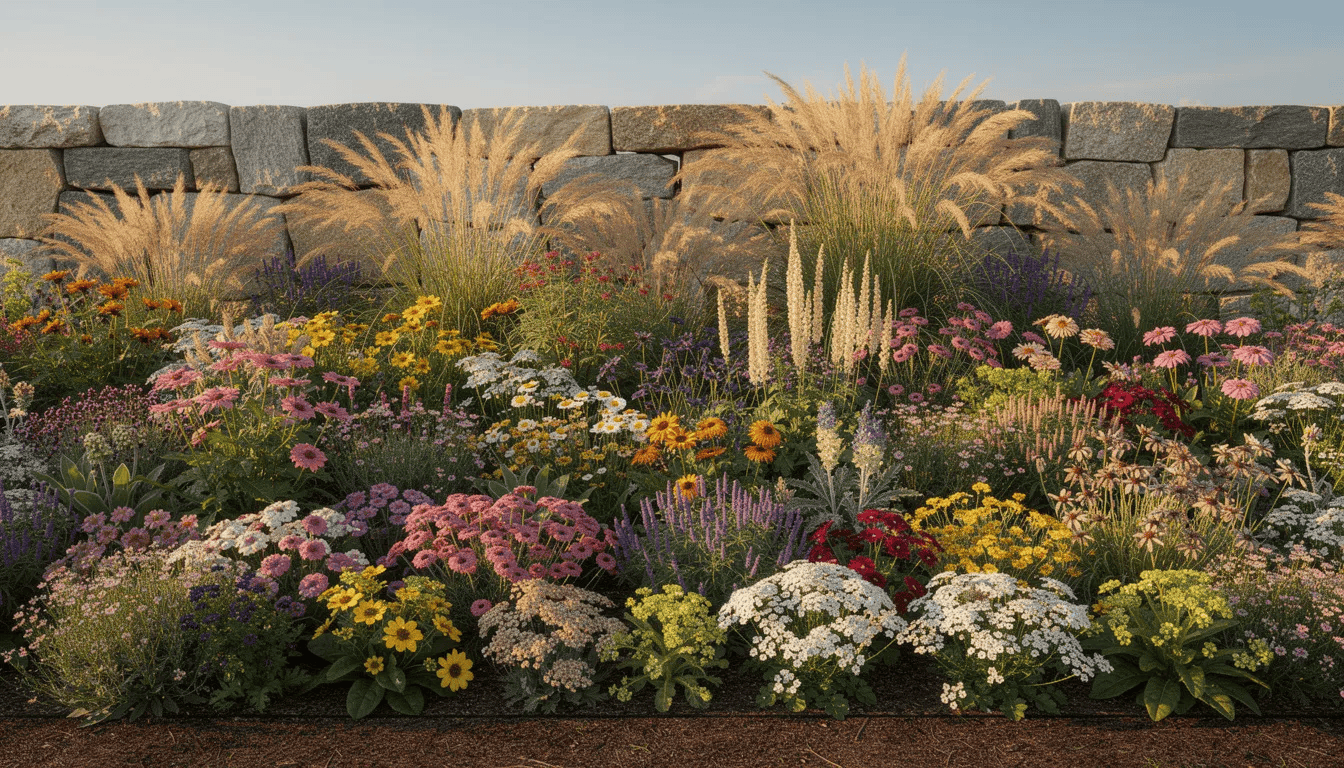 Na słonecznej rabacie rosną różnokolorowe byliny oraz ozdobne trawy, otoczone kamiennym tłem. Wśród nich można dostrzec gęste kępy zawciągu nadmorskiego, który w intensywnym kwitnieniu tworzy kuliste kwiatostany, idealnie nadające się do dekoracji ogrodów skalnych.