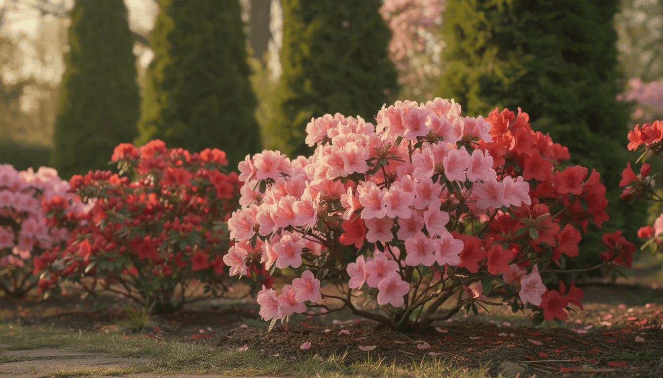 Na zdjęciu widać kwitnące krzewy azalii ogrodowej z różowymi i czerwonymi kwiatami, które pięknie kontrastują z zielonymi iglakami w tle. Te ozdobne krzewy, typowe dla wiosennego ogrodu, tworzą malowniczy widok, przyciągając wzrok swoją intensywną kolorystyką.
