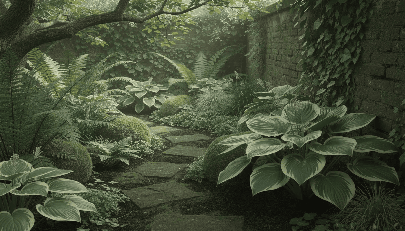 W zacienionym zakątku ogrodu rosną różnorodne rośliny cieniolubne, w tym hortensja pnąca z jej charakterystycznymi baldachowatymi kwiatostanami. Zieleń liści i kwiatów tworzy harmonijną kompozycję, idealną dla stanowisk półcienistych.