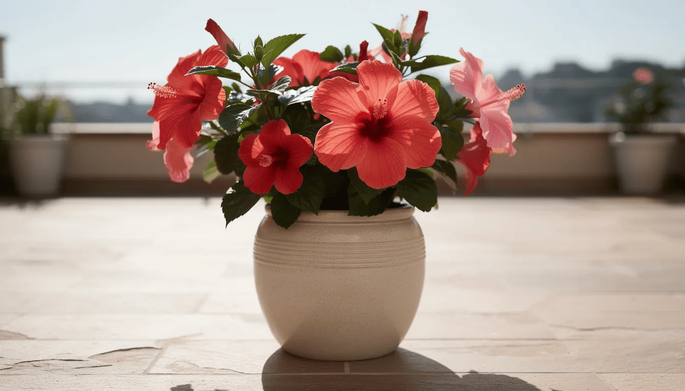 Na słonecznym tarasie znajduje się elegancka donica z kwitnącym hibiskusem, który prezentuje swoje piękne, kolorowe kwiaty. Roślina ta, znana jako hibiskus ogrodowy, wyróżnia się bujnym wzrostem i obfitym kwitnieniem, tworząc przyjemny widok w ogrodzie.