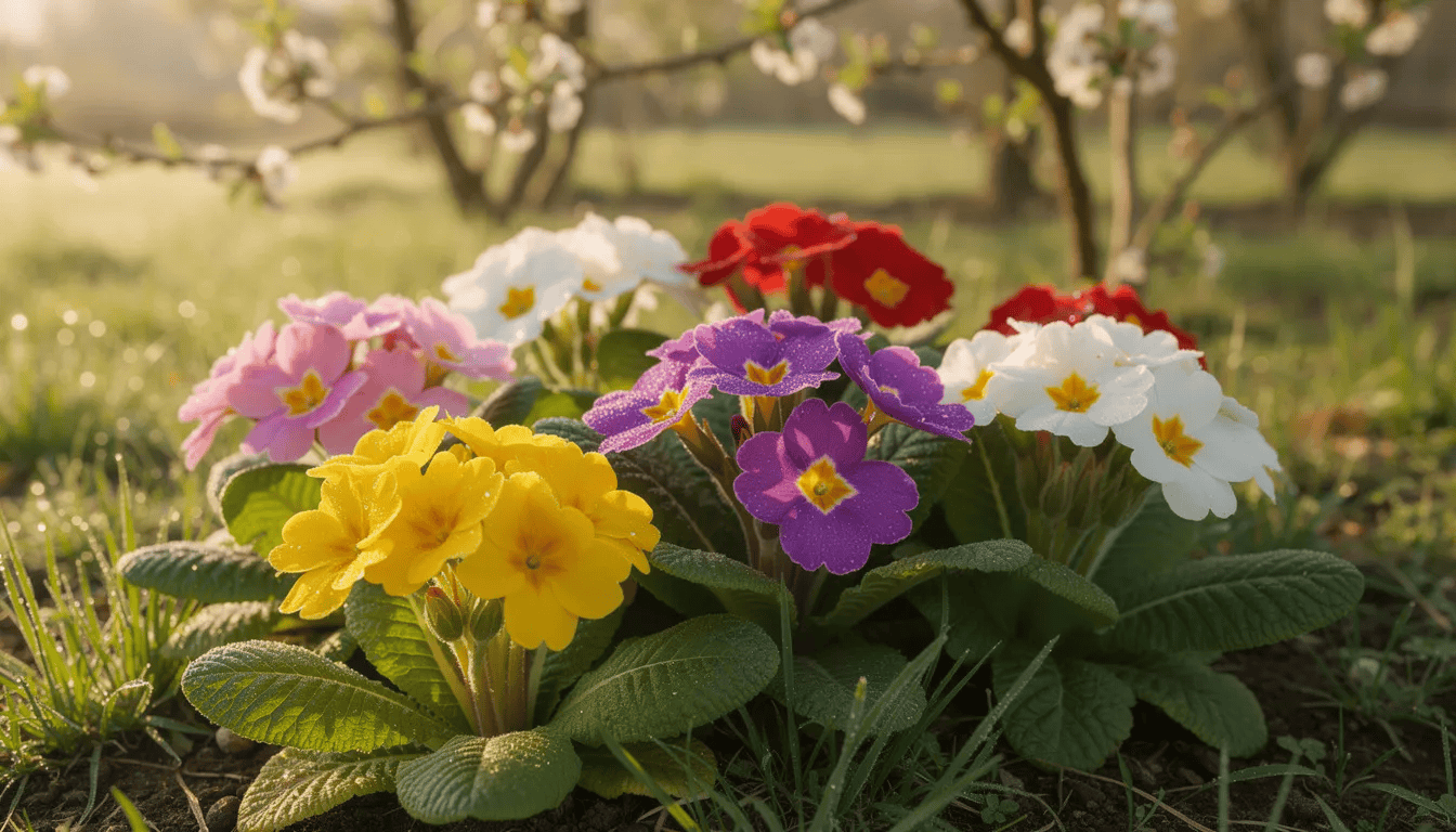 Na kolorowej rabacie w wiosennym ogrodzie rosną różnorodne prymulki, w tym pierwiosnek bezłodygowy i pierwiosnek lekarski, które zachwycają obfitym kwitnieniem w odcieniach fioletu i purpury. W tle widoczne są świeże liście oraz inne rośliny ozdobne, tworząc piękny, wiosenny krajobraz.