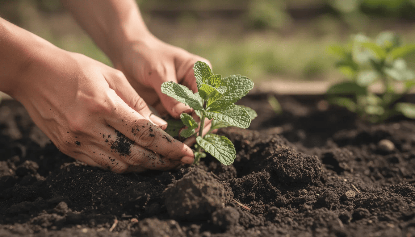 Na zdjęciu widać ręce sadzące świeżą sadzonkę mięty w żyznej ogrodowej ziemi. Roślina ma jasnozielone liście, a wokół niej widoczne są inne zioła, co sugeruje, że jest to część większej uprawy ziół w ogrodzie.