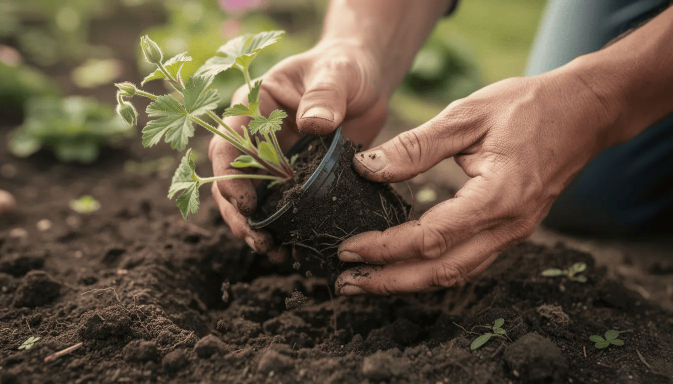 Na zdjęciu widoczne są ręce ogrodnika, które ostrożnie przesadzają sadzonkę bodziszka z doniczki do gruntu. W tle widać gęste kępy ciemnozielonych liści, a wokół rozciągają się rośliny ozdobne, tworząc kolorowy krajobraz ogrodu.