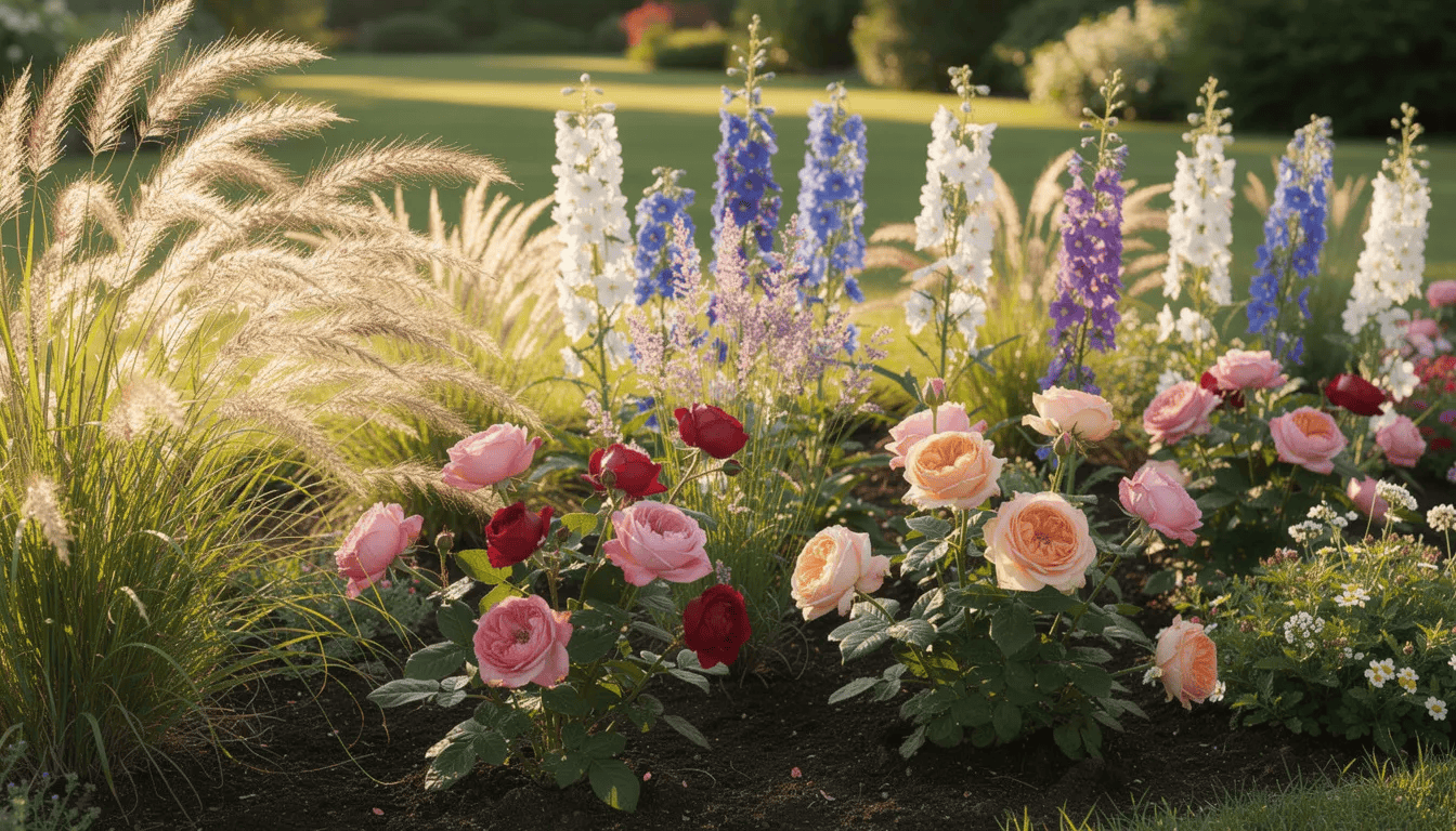 Na kolorowej rabacie w słonecznym ogrodzie rosną odmiany ostróżki, róże oraz trawy ozdobne, tworząc harmonijną kompozycję w różnych kolorach, w tym niebieskim i różowym. Strzeliste kwiatostany ostróżek, w tym ostróżki wielkokwiatowej, dodają ogrodowi uroku i wdzięku.