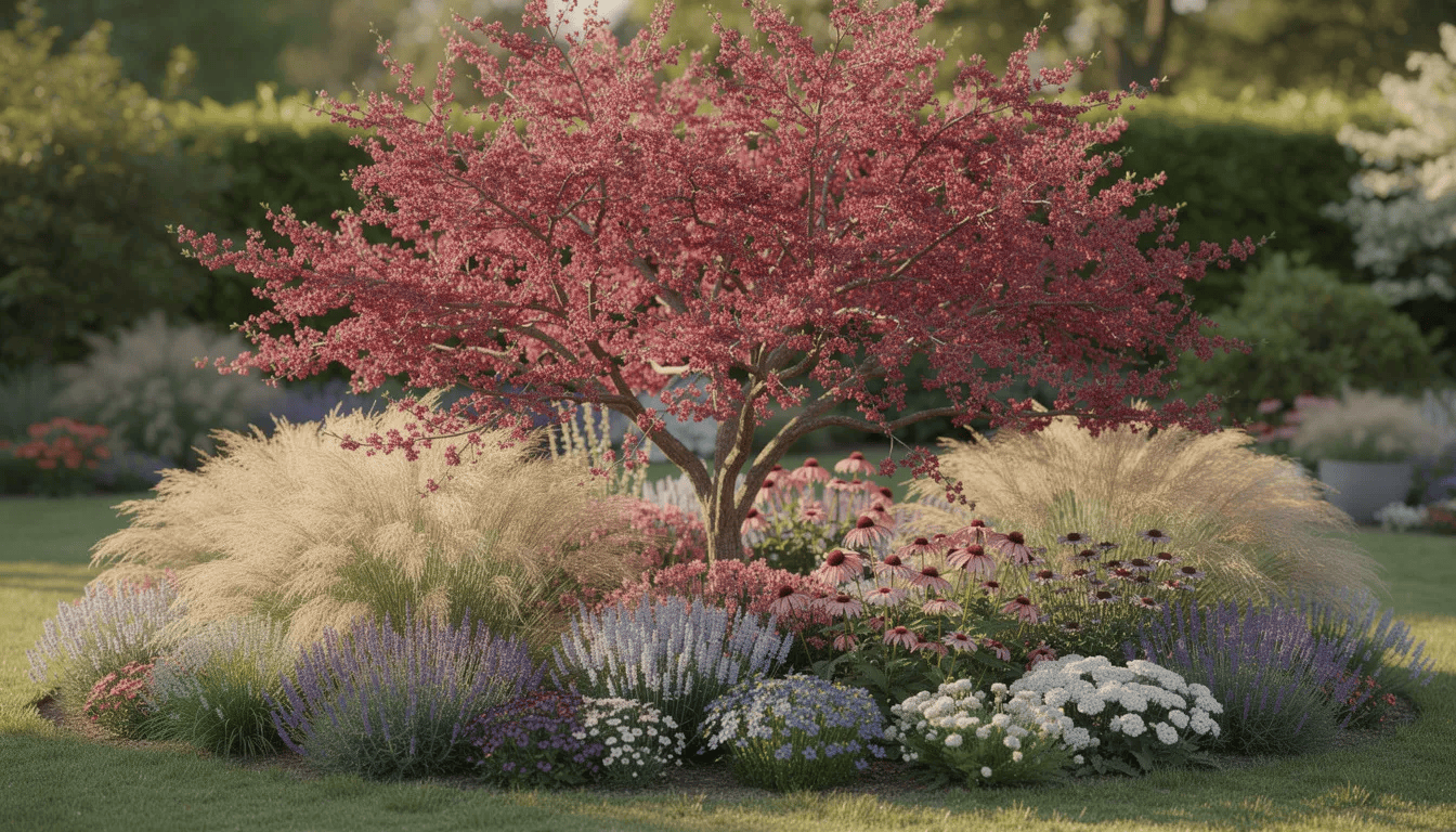 Na obrazie widoczna jest kompozycja ogrodowa z kwitnącym judaszowcem kanadyjskim, którego intensywnie różowe kwiaty otaczają różnorodne byliny i trawy ozdobne. Roślina ta, znana z sercowatych liści, tworzy atrakcyjny pokrój, dodając uroku ogrodowi w wiosenne dni.